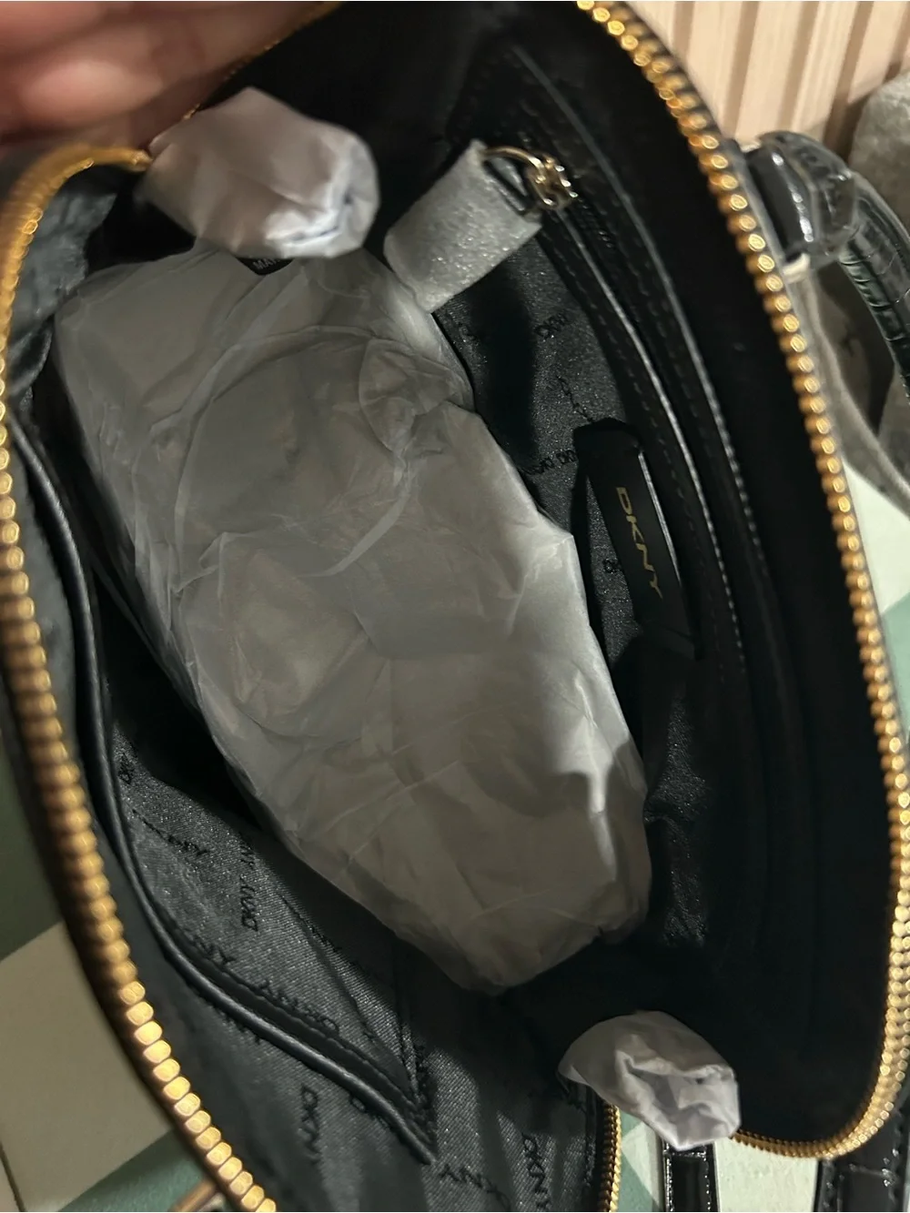 DKNY Black Croc-Embossed Satchel with Gold Hardware